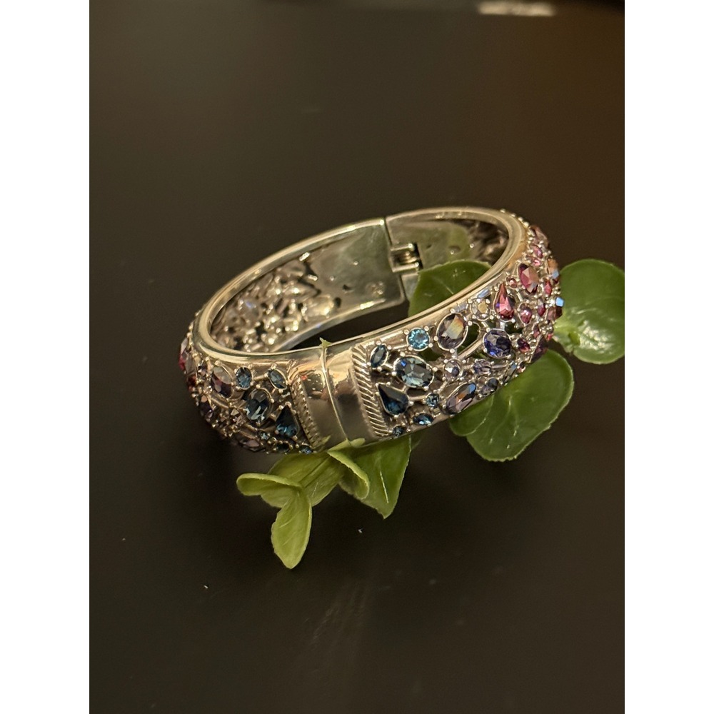 Brighton One Love Bangle Bracelet Silver Plated Multi Color Crystal Hinged Cuff - Picture 8 of 11